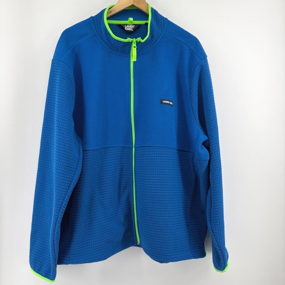 Lands End Mens XL Blue Neon Grid Fleece Full Zip Jacket